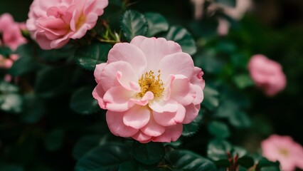 Rose blooming in summer garden, pink flowers blossoming outdoors