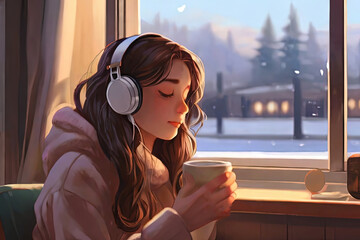Lofi Girl listening the music. Warming her hands with a cup of chocolate - obrazy, fototapety, plakaty