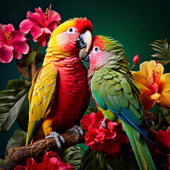 Two parrots cuddle together on a twig with red, pink and yellow hibiscus