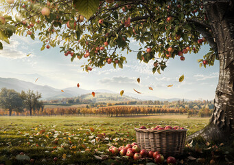Idyllic Autumn Harmony: Lush Apple Tree Overflows Above Woven Basket Amidst a Peaceful Orchard at Harvest Time