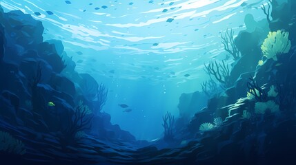 Fototapeta na wymiar A tranquil underwater gradient scene, with deep ocean blues transitioning to aquamarine greens, providing a serene backdrop for graphic resources and illustrations.