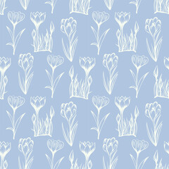 Seamless pattern with spring and summer flowers. Sketch-style crocus pattern, hand-drawn on blue background for unique design of packaging and flower shops.