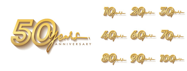 Set of anniversary logotype design with handwriting golden color for celebration event, wedding, greeting card, and invitation. Vector illustration.