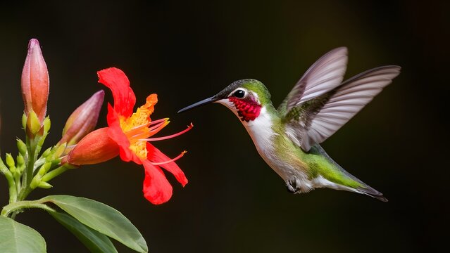 Ruby throated hummingbird in flight near flower on dark background