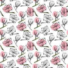 Seamless pattern with spring and summer flowers. Sketch-style magnolia pattern, hand-drawn on white background for unique design of packaging and flower shops.