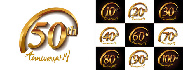 Set of anniversary logotype design with golden ring and handwriting golden color for celebration event, wedding, greeting card, and invitation. Vector illustration.