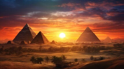 Landscape with ancient Egyptian pyramids, beautiful sky and sunset. The concept of ancient history. AI-generated. - 767204108