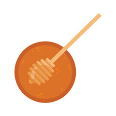 A wooden stick is sticking out of a honey dipper, used for drizzling honey. Flat illustration isolated on background