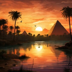 Landscape with ancient Egyptian pyramids, beautiful sky and sunset. The concept of ancient history. AI-generated. - 767204125