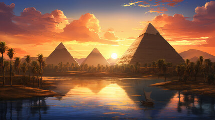 Landscape with ancient Egyptian pyramids, beautiful sky and sunset. The concept of ancient history. AI-generated. - 767204169
