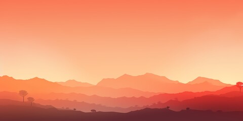 A tranquil sunset gradient background, transitioning from soft pastel pinks to deep oranges, casting a warm glow over the landscape.