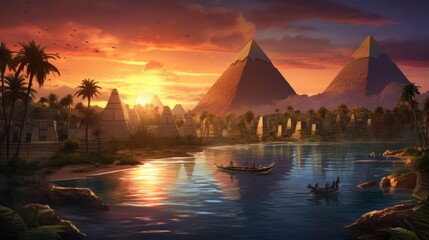 Landscape with ancient Egyptian pyramids, beautiful sky and sunset. The concept of ancient history. AI-generated. - 767204177
