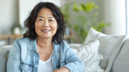 Woman with a warm smile wearing a denim jacket sitting comfortably on a couch in a cozy room with plants in the background. - obrazy, fototapety, plakaty
