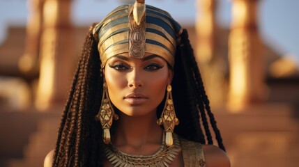 Landscape with ancient Egyptian pyramids, beautiful sky and sunset. The concept of ancient history. AI-generated.