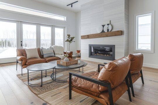 Modern farmhouse living room with minimal decor, leather sofa and armchairs, gas fireplace, interior design, photography