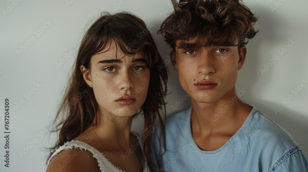 Wall mural Two young adults a male and female with expressive eyes and soft featu res posing closely together against a neutral background evoking a sense of youthful connection and modern style.