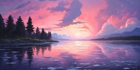 A tranquil sunset over a serene lake, with hues of pastel pink melting into deep indigo. - obrazy, fototapety, plakaty