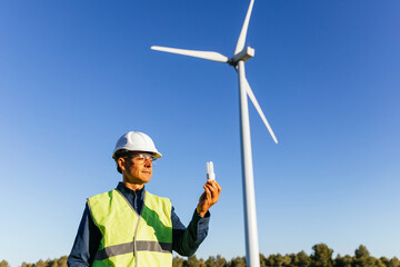 Engineer developing renewable energy in a wind farm.