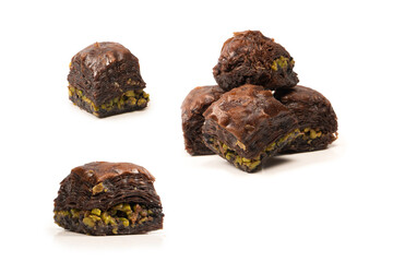 Turkish chocolate baklava isolated on white background.