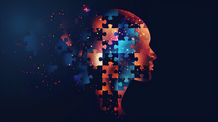 vector line design depicting a human head profile intertwined with a jigsaw puzzle, symbolizing the complexities of cognitive psychology and the intricate nature of mental health