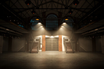 Expansive Industrial-Style Loft with Exposed Brickwork and Staircases - obrazy, fototapety, plakaty