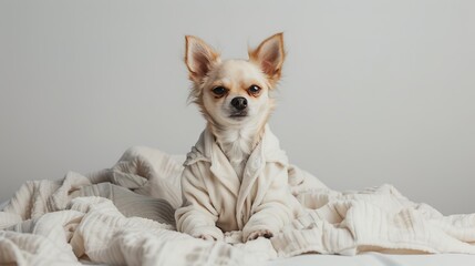 plush pampering: a small white dog's serene moment in cozy comfort