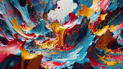A vibrant, colorful abstract image featuring dynamic swirls and splashes of paint in bold shades of red, orange, yellow, blue, and black.
