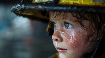 A young child with blue eyes wearing a firefighter helmet looking intently with water droplets on their face possibly from rain or a hose.
