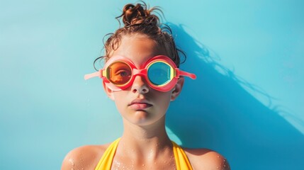 Young girl with wet hair and skin wearing brightly colored goggles posing against a blue background.