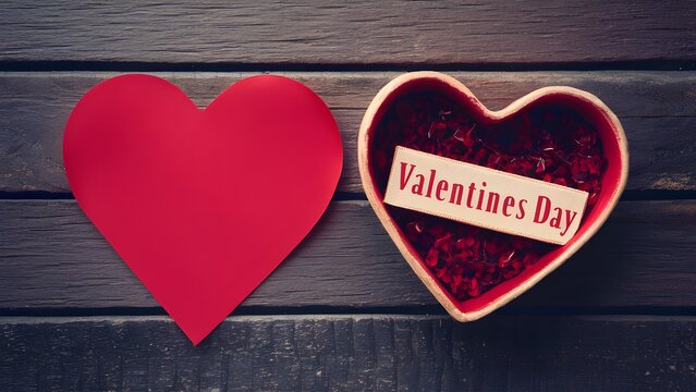 Scene Wooden background with red heart ribbon for Valentines Day image
