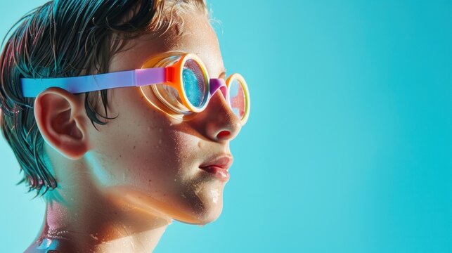 A young boy with wet hair wearing colorful oversized goggles looking off to the side against a blue background.