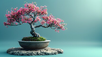 a potted bonsai tree with twisting branches and delicate leaves, against a serene aqua blue background, capturing the tranquil beauty in full ultra HD realism.