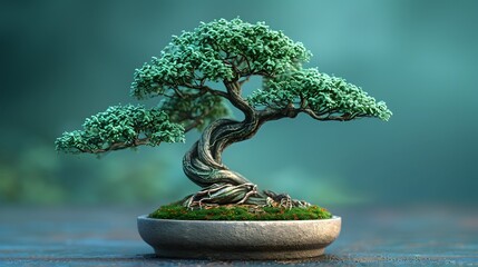 a potted bonsai tree with twisting branches and delicate leaves, against a serene aqua blue...