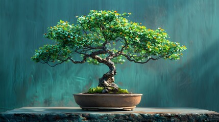 a potted bonsai tree with twisting branches and delicate leaves, against a serene aqua blue background, capturing the tranquil beauty in full ultra HD realism. - obrazy, fototapety, plakaty