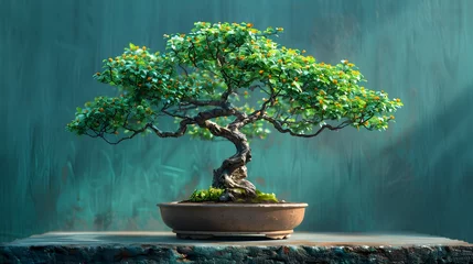 Fotobehang a potted bonsai tree with twisting branches and delicate leaves, against a serene aqua blue background, capturing the tranquil beauty in full ultra HD realism. © Artistic_Creation