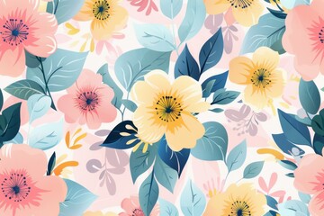 Fototapeta na wymiar Seamless spring floral pattern with delicate pastel colored flowers and leaves, vector illustration