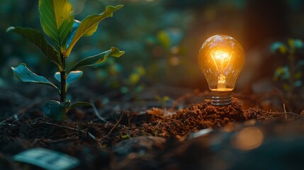 A lightbulb illuminating ideas around a growing sapling on a bed of money