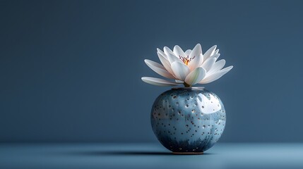 a single lotus flower in a gleaming silver vase, against a deep royal blue background, highlighting the exquisite symmetry and delicate beauty in full ultra HD realism.