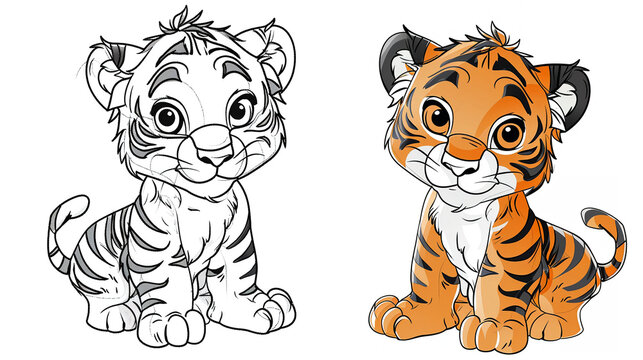 cartoon of a tiger animal children coloring book page, white background