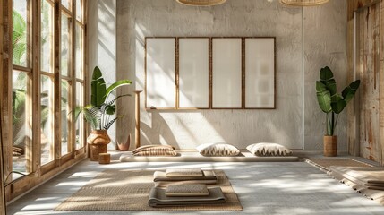 A serene yoga studio with wooden frame mockups presenting inspirational quotes in calming fonts.