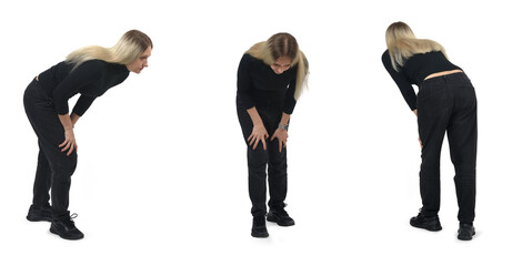 various poses of the same woman crouching and looking at the ground on white background
