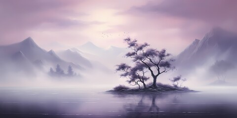 A tranquil morning mist over a gradient background, transitioning from pale lavender to deep plum tones, creating a peaceful ambiance for artistic endeavors.