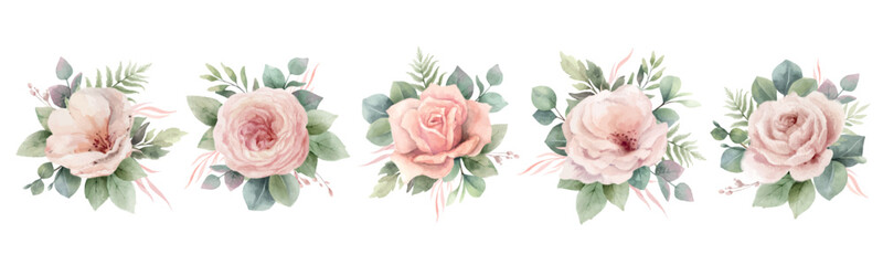Dusty pink roses flowers and eucalyptus branches. Set vector watercolor floral bouquets. Foliage arrangement for wedding , greetings, wallpapers, fashion, home decoration. Hand painted illustration. - obrazy, fototapety, plakaty