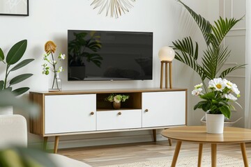 Stylish Living Room Interior with TV Cabinet, Lamp, Table, Flower, and Plant, mock-up - obrazy, fototapety, plakaty