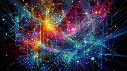 Fototapeta premium A vibrant and intricate digital illustration depicting an interconnected network of lines, curves, and colorful particles in a cosmic, futuristic style, representing concepts like technology, data.