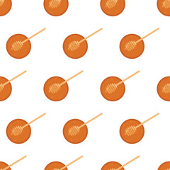 A wooden stick is sticking out of a honey dipper seamless pattern, used for drizzling honey. Flat illustration isolated on background