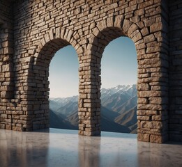 Medieval stone archway leading to the mountains. 3d rendering