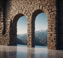 Fototapeta premium Medieval stone archway leading to the mountains. 3d rendering