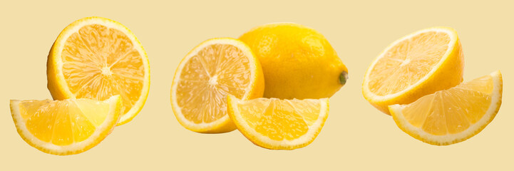 Fresh, juicy Lemon isolated on a Yellow background. panorama, banner.
