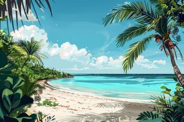 Vibrant tropical beach paradise with turquoise water, white sand, and lush palm trees, digital illustration